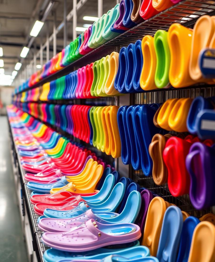 Racks of finished colourful PVC footwear