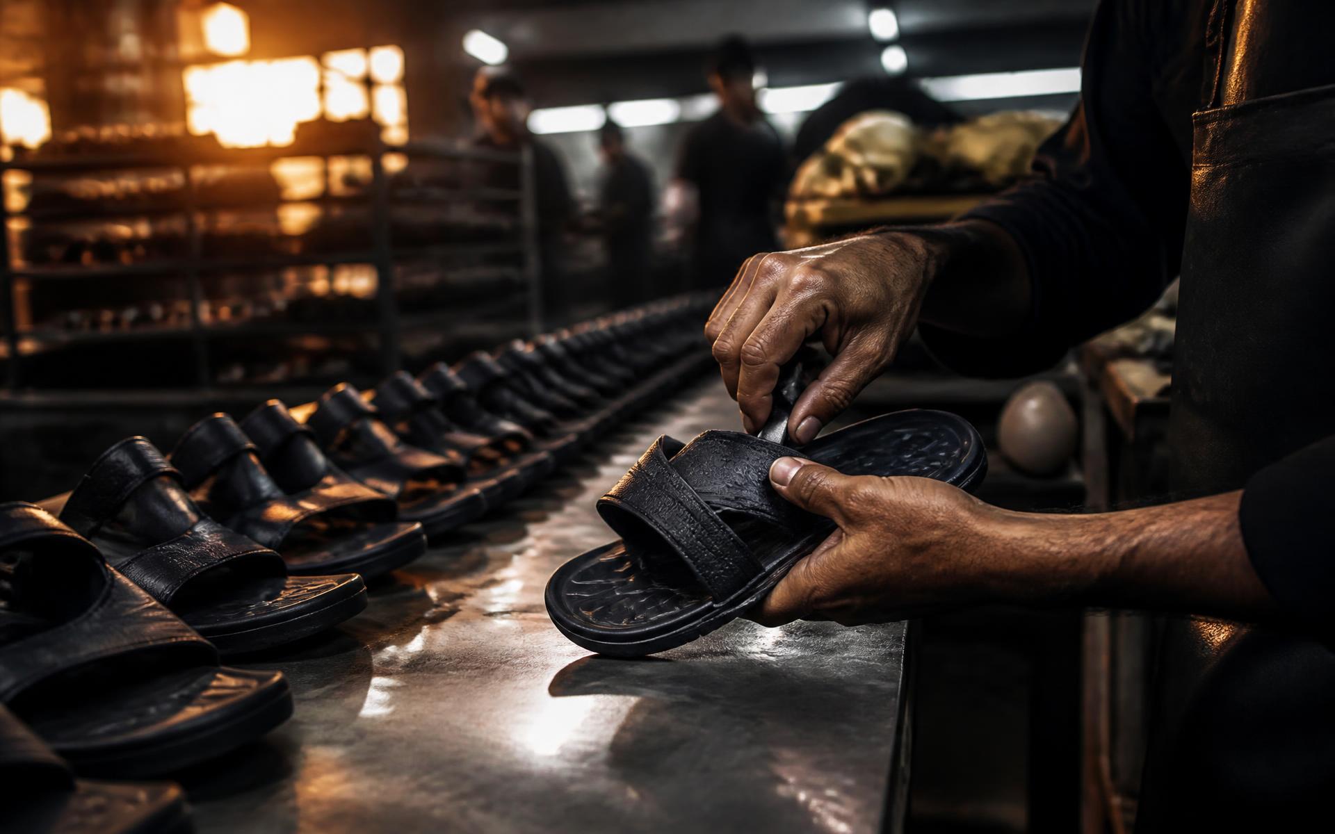 Craftsman handcrafting premium PVC footwear at the RE ROX manufacturing unit